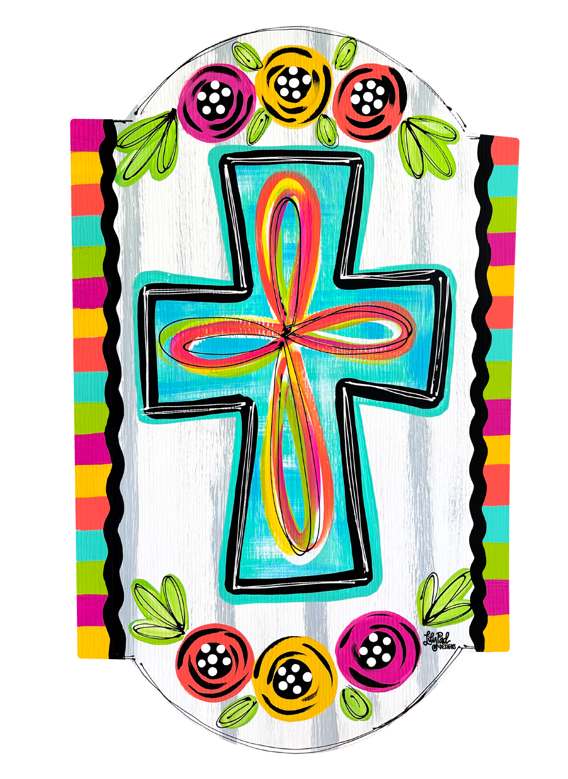 LILY PAD DESIGNS PLAQUE WITH CROSS AND 6 FLOWERS