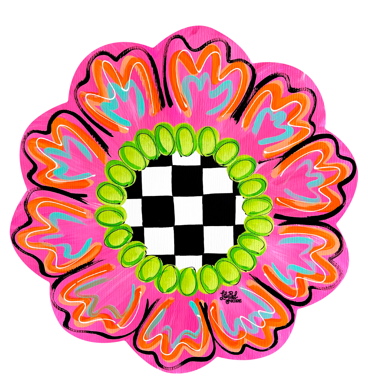 LILY PAD DESIGNS BRIGHT COLORED FLOWER WITH CHECKERED MIDDLE