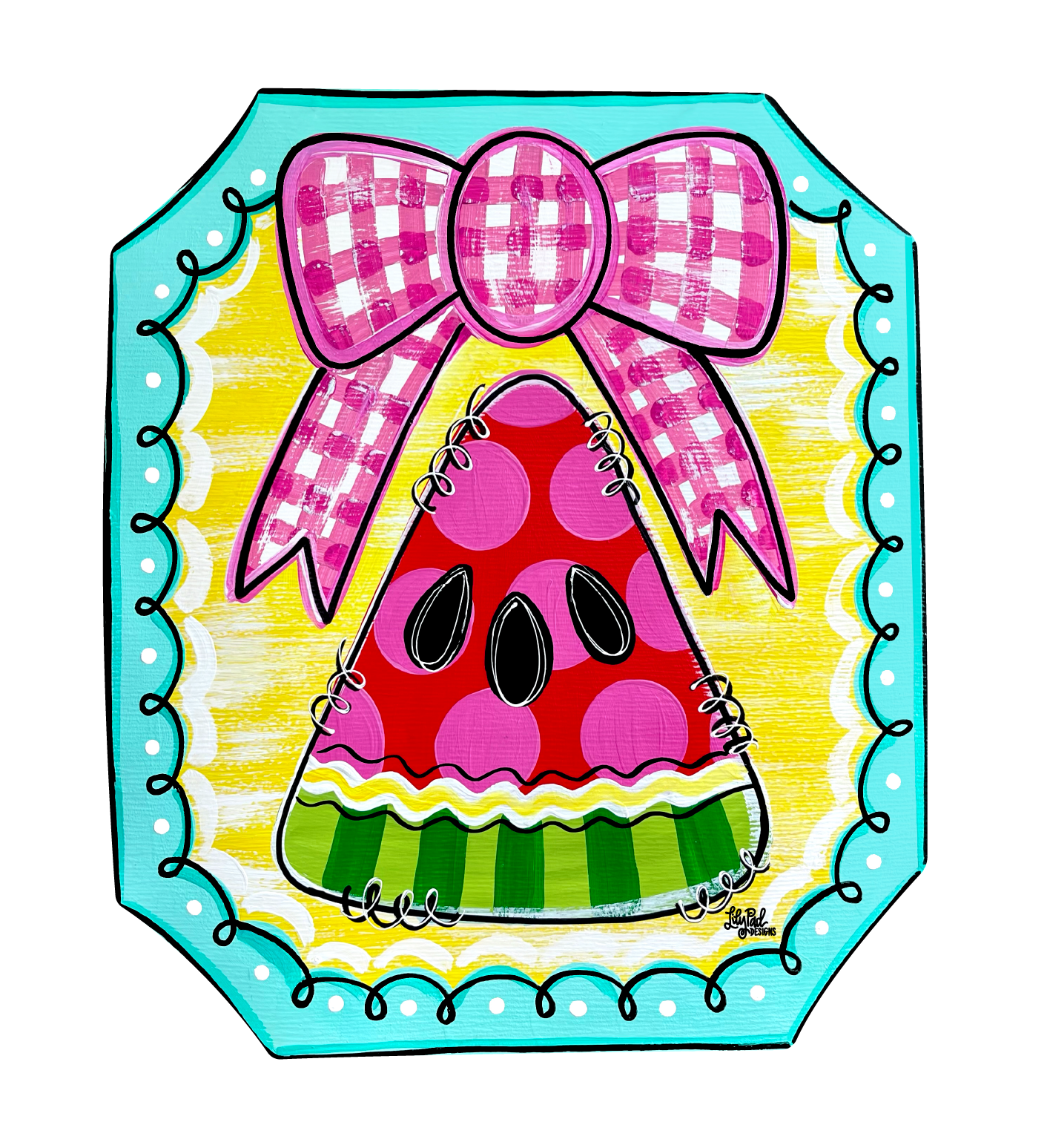 LILY PAD DESIGNS WATERMELON PLAQUE WITH PINK AND WHITE RIBBON