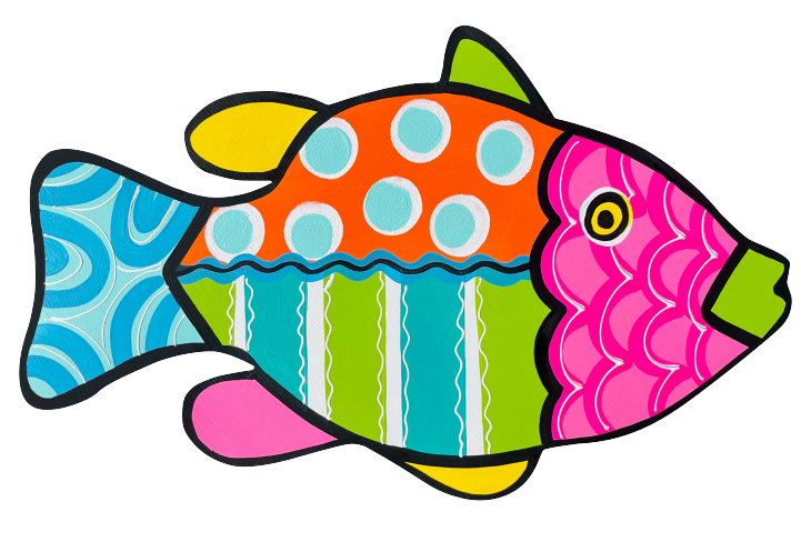 LILY PAD DESIGNS LIGHT FISH WITH BRIGHT GREEN AND TEAL STRIPES AND 7 BLUE DOTS