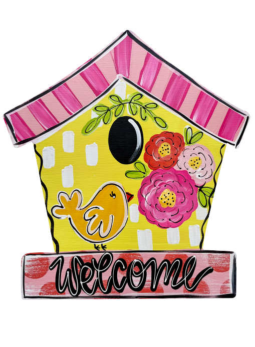 LILY PAD DESIGNS YELLOW AND PINK WELCOME BIRD HOUSE