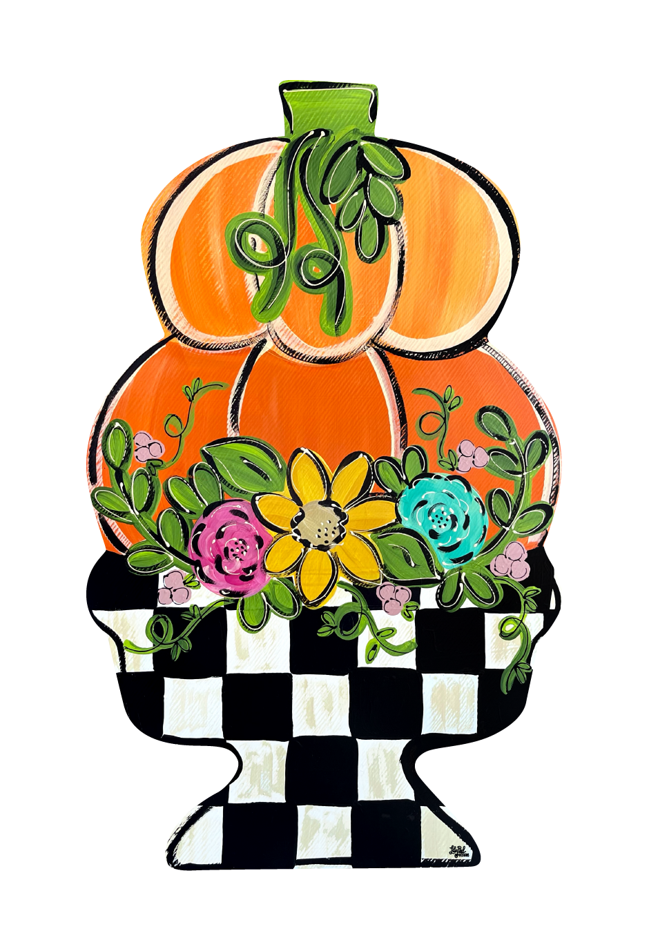 LILY PAD DESIGNS PUMPKINS IN A BLACK AND WHITE CHECKERED PLANTER