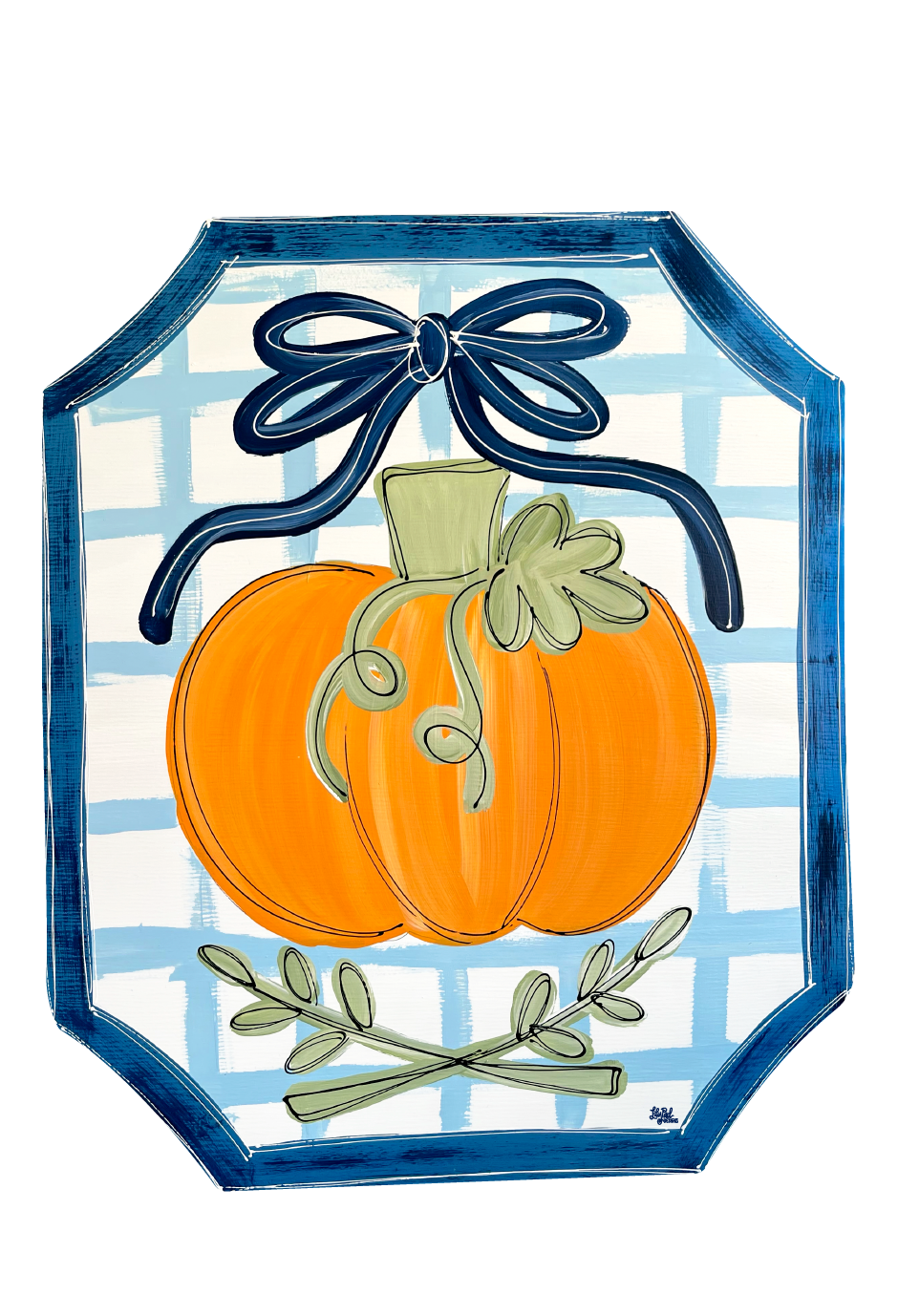 LILY PAD DESIGNS ORANGE PUMPKIN ON A BLUE PLAQUE