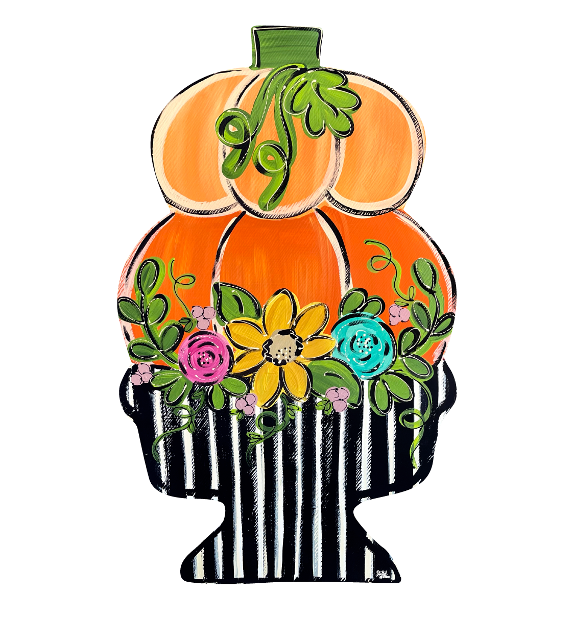 LILY PAD DESIGNS ORANGE PUMPKINS AND A BLACKA ND WHITE STRIPED PLANTER
