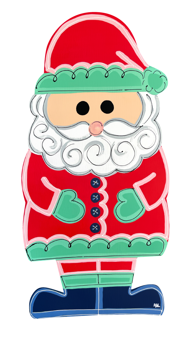 LILY PAD DESIGNS STANDING SANTA WITH TEAL TRIM ON HAT, COAT AND BOOTS