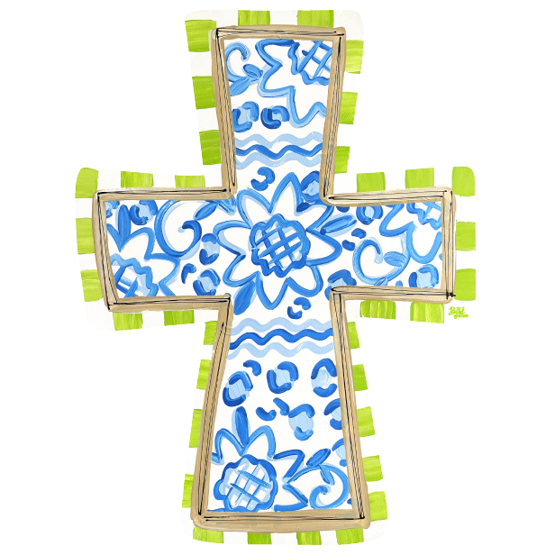 LILY PAD DESIGNS BLUE FLOWERED CROSS WITH GREEN EDGE