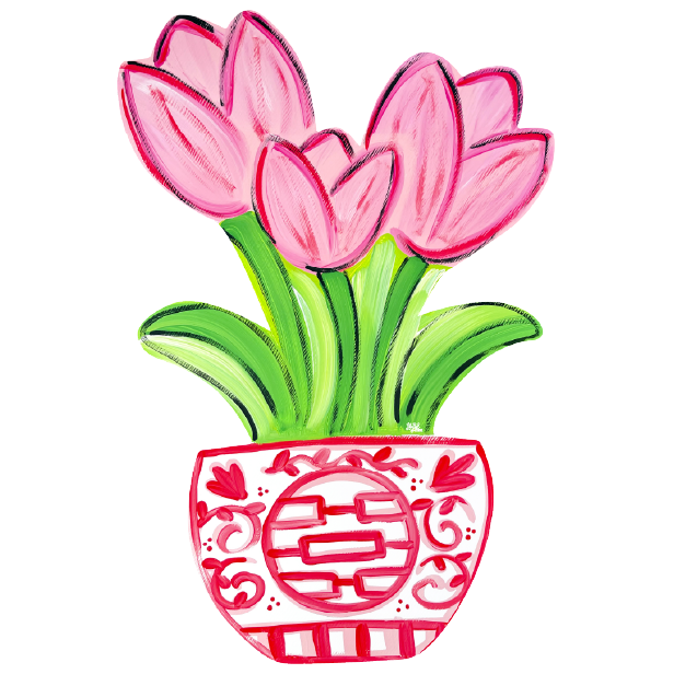 LILY PAD DESIGNS PINK GINGER JAR WITH PINK TULIPS