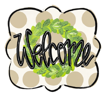 LILY PAD DESIGNS WELCOME PLAQUE WITH BROWN DOTS AND GREEN WREATH
