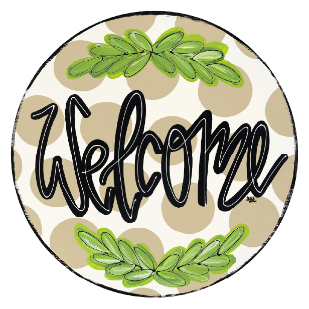 LILY PAD DESIGNS WELCOME CIRCLE WITH BROWN DOTS AND GREEN WREATH