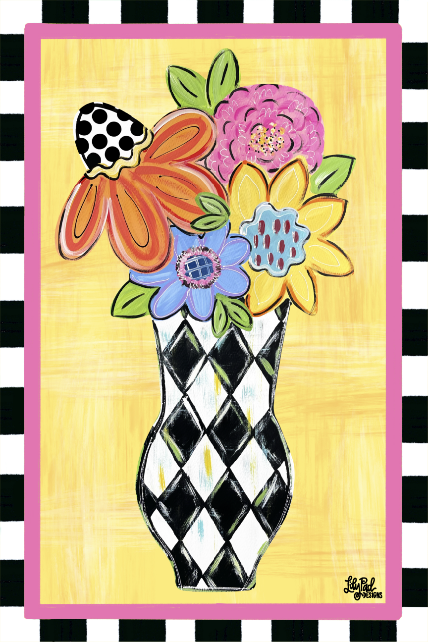 LILY PAD DESIGNS BLACK AND WHITE CHECKERED VASE WITH FOWERS