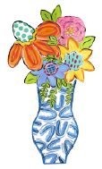LILY PAD DESIGNS BLUE AND WHITE VASE WITH COLORFUL FLOWERS