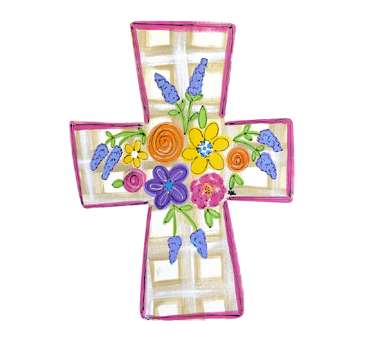 LILY PAD DESIGNS CROSS WITH PINK EDGE AND FLOWERS