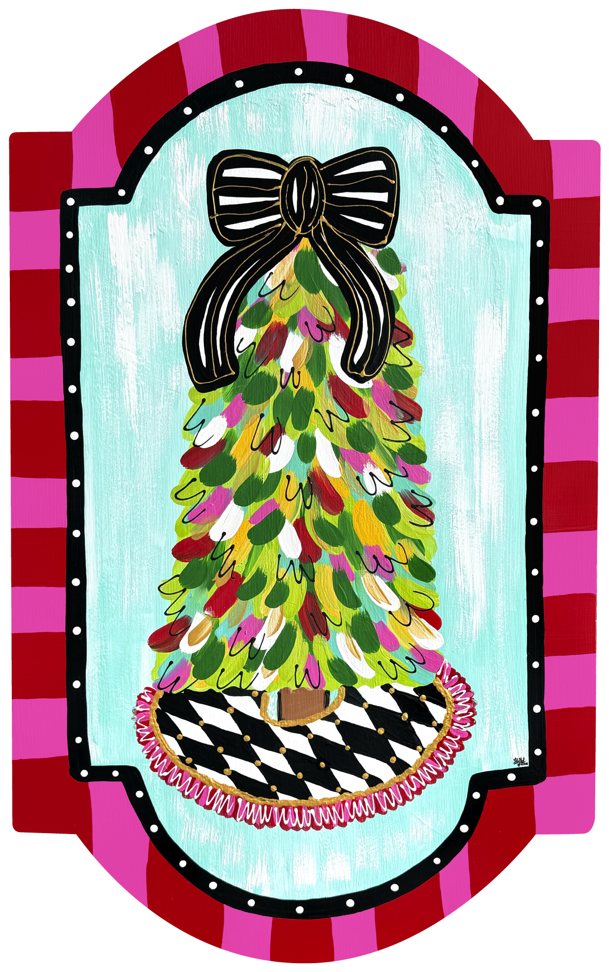 LILY PAD DESIGNS CHRITMAS TREE WITH BLACK AND WHITE RIBBON ON PLAQUE