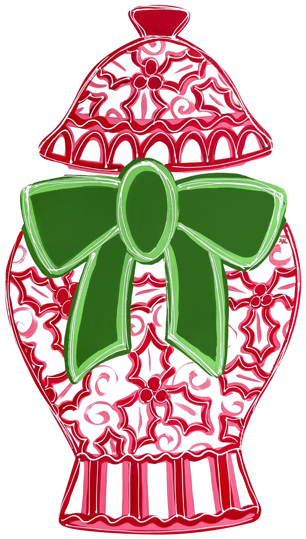 LILY PAD DESIGNS RED GINGER JAR WITH GREEN RIBBON