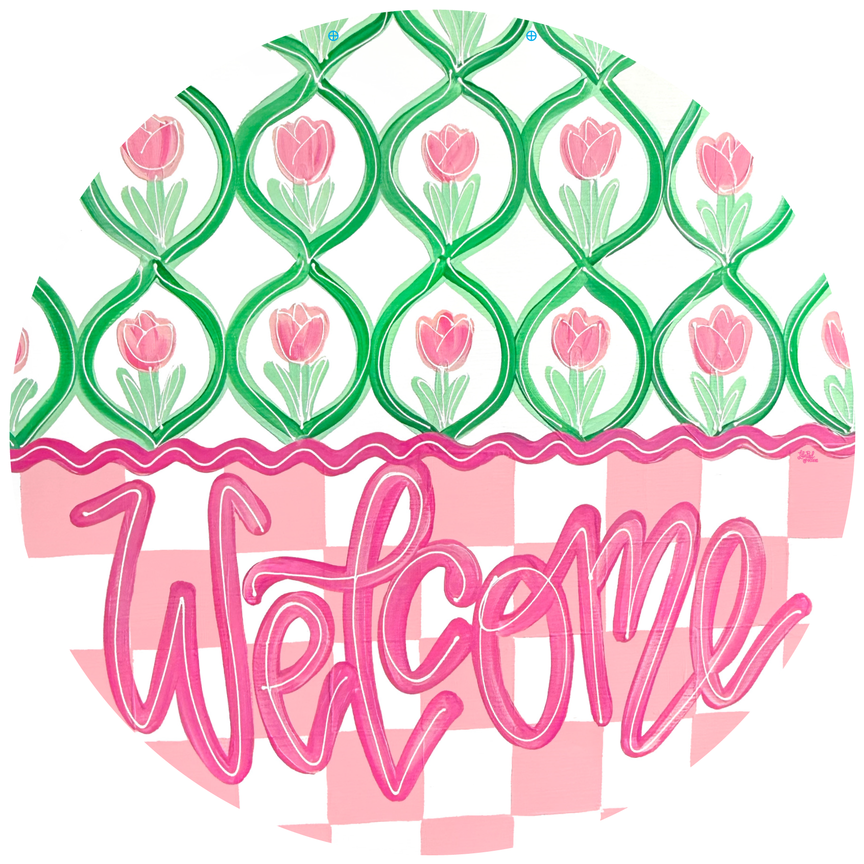 LILY PAD DESIGNS ROUND PINK WELCOME WITH PINK FLOWERS