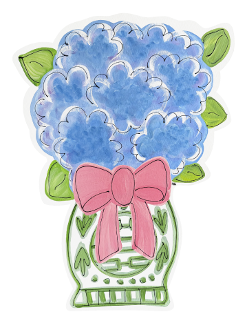 LILY PAD DESIGNS BLUE FLOWERS IN A GREEN AND WHITE VASE
