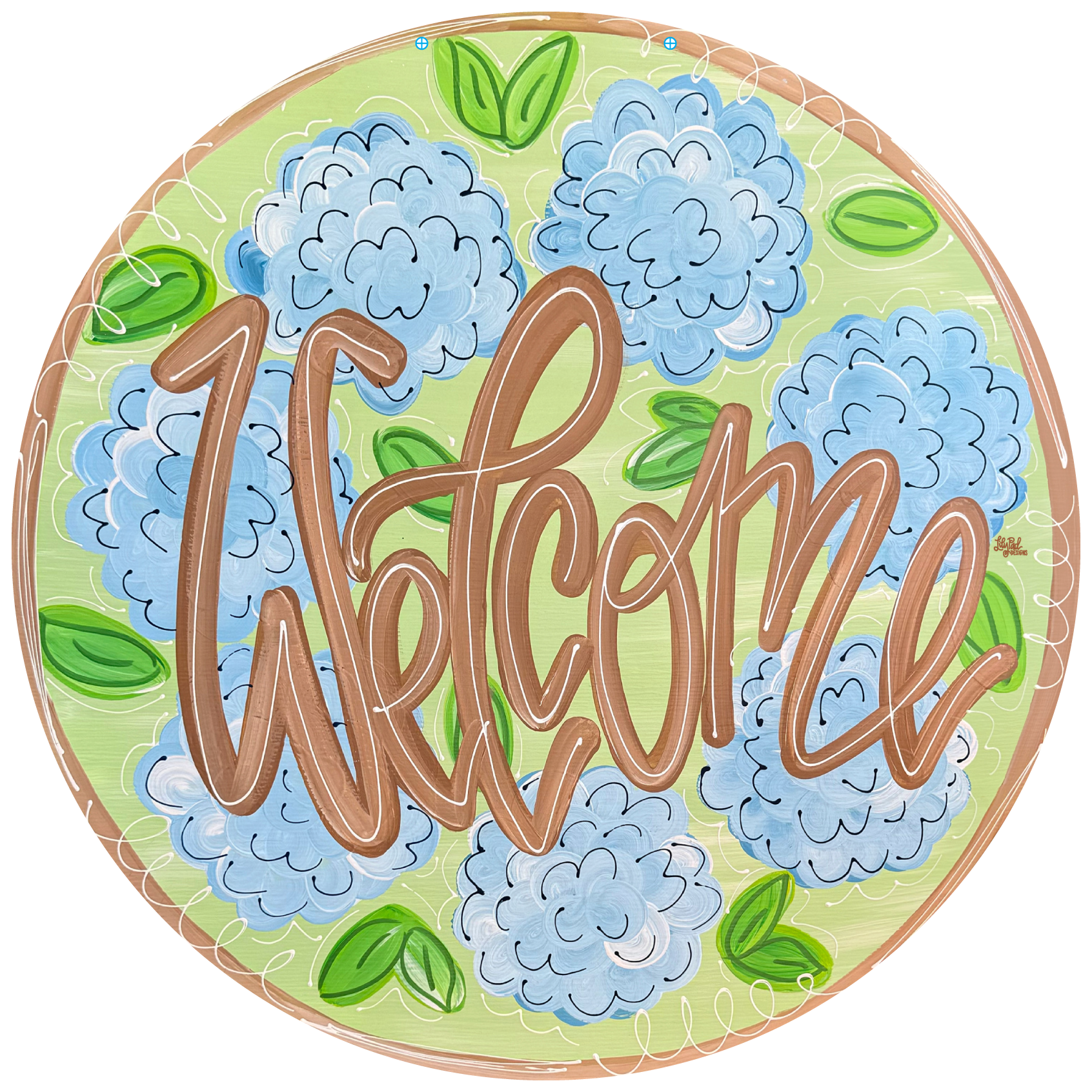 LILY PAD DESIGNS ROUND WITH BROWN OUTLINE BROWN WELCOME AND BLUE FLOWERS