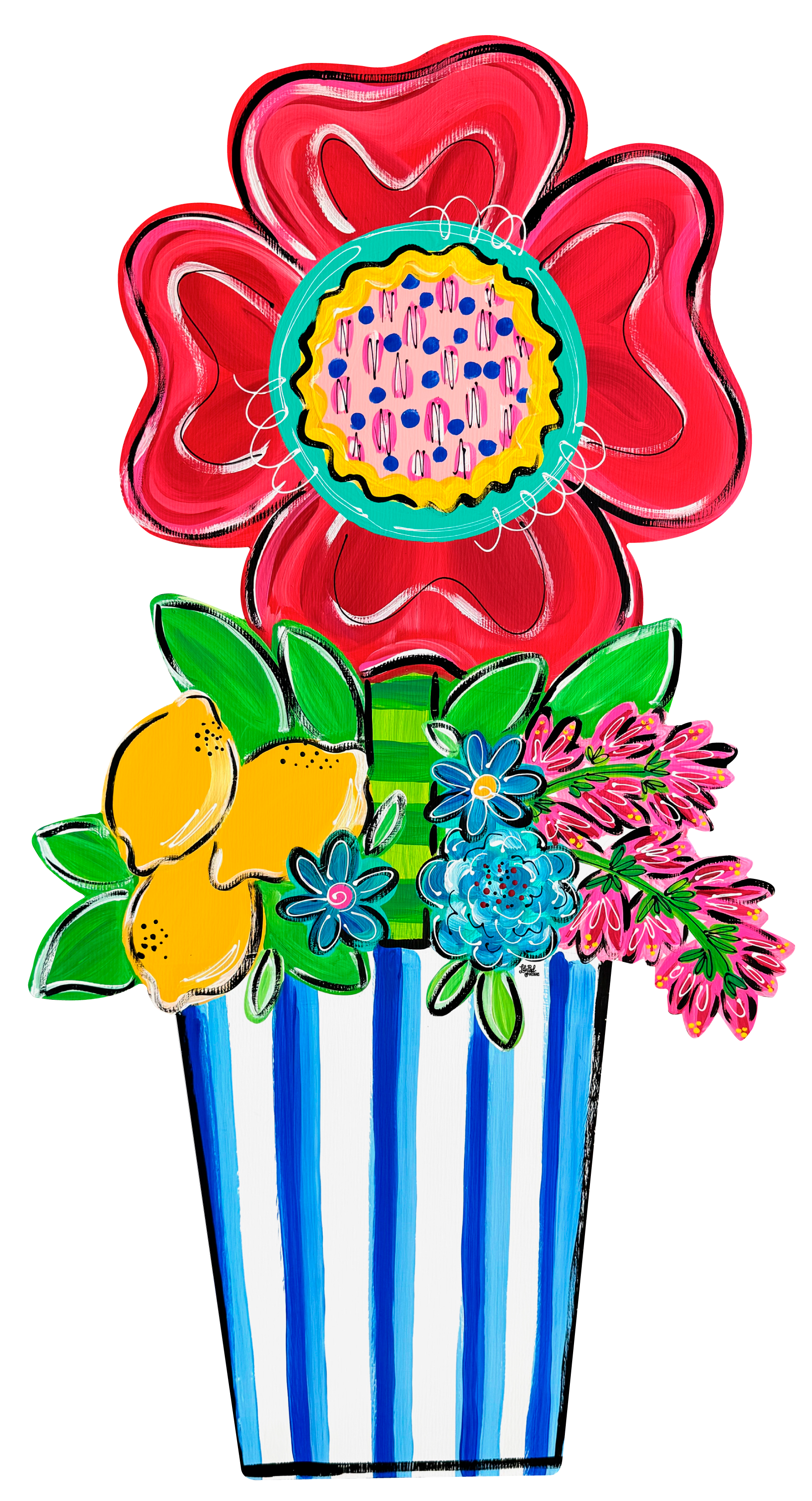 LILY PAD DESIGNS BLUE WHITE FLOWER POT WITH RED FLOWER