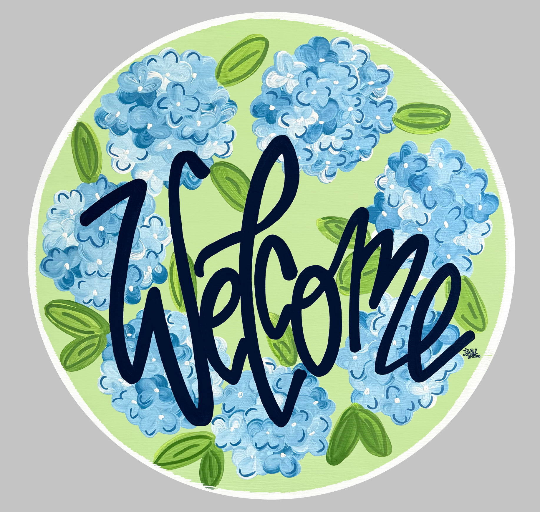 LILY PAD DESIGNS GREEN BACKGOUND WITH BLUE HYDRANGEAS WELCOME
