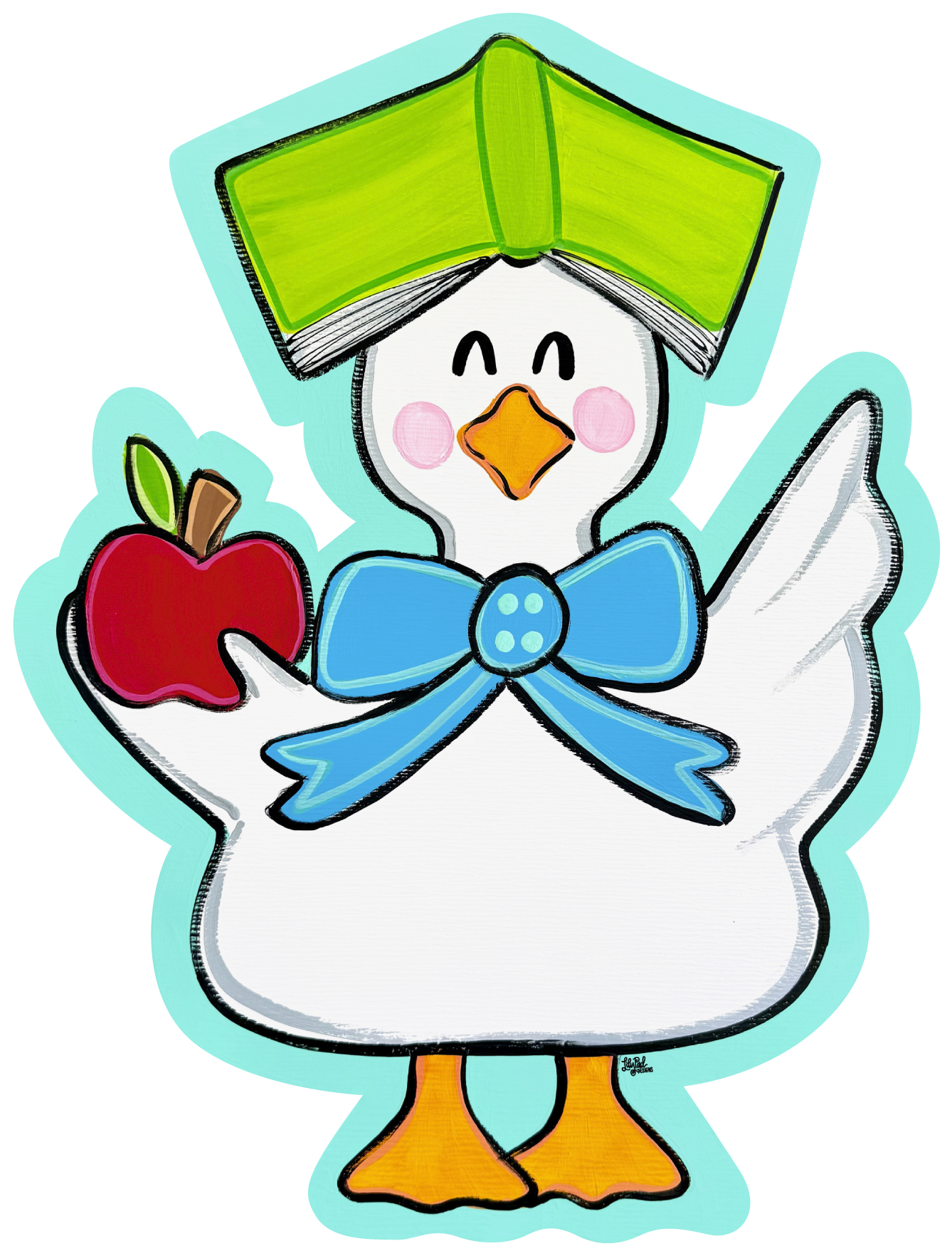 LILY PAD DESIGNS GOOSE WITH GREEN BOOK ON HEAD BLUE BOW AND RED APPLE