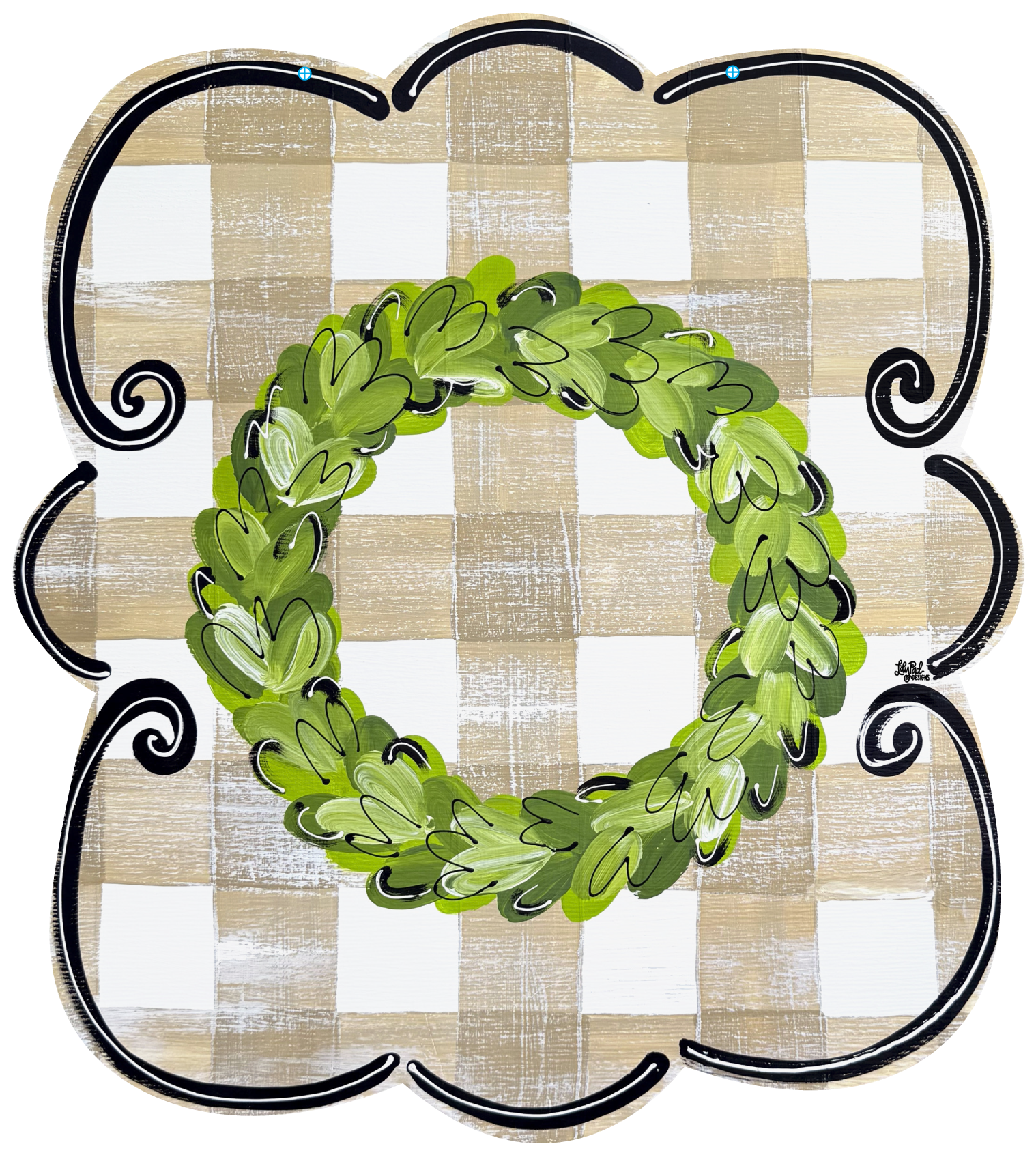 LILY PAD DESIGNS TAN AND WHITE PLAQUE WITH GREEN WREATH