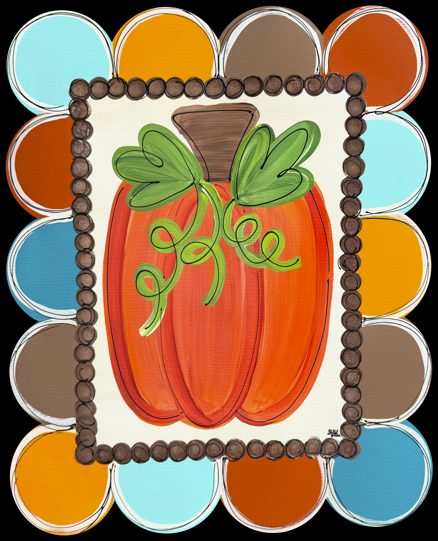 LILY PAD DESIGNS  COLORFUL CIRLCE FRAME WITH ORANGE PUMPKIN IN THE MIDDLE