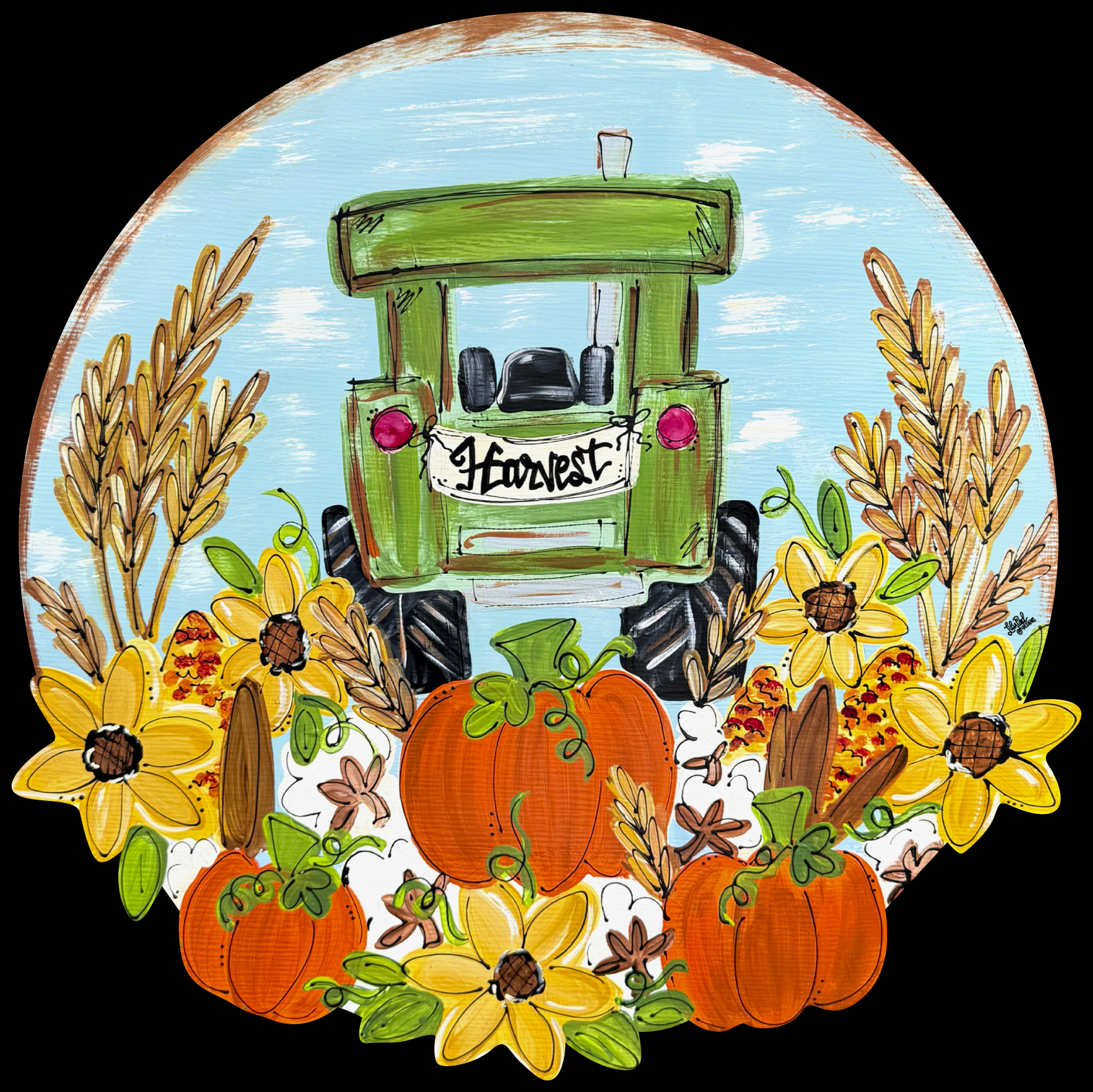 LILY PAD DESIGNS  ROUND HARVEST SCENE WITH GREEN TRACTOR AND PUMKINS