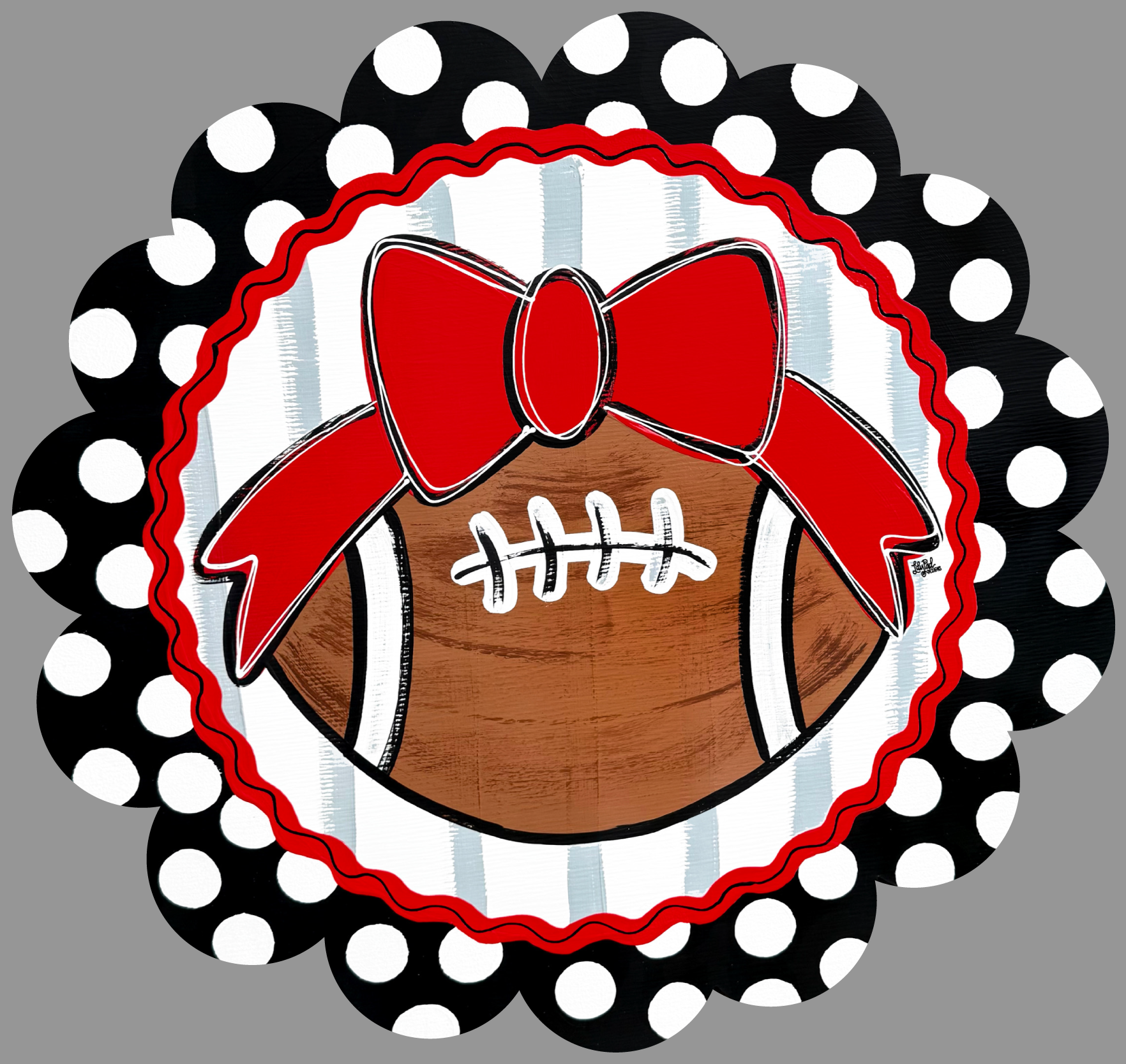 LILY PAD DESIGNS ROUND SCALLOP EDGE BLACK WITH WHITE DOT RED BOW ON FOOTBALL