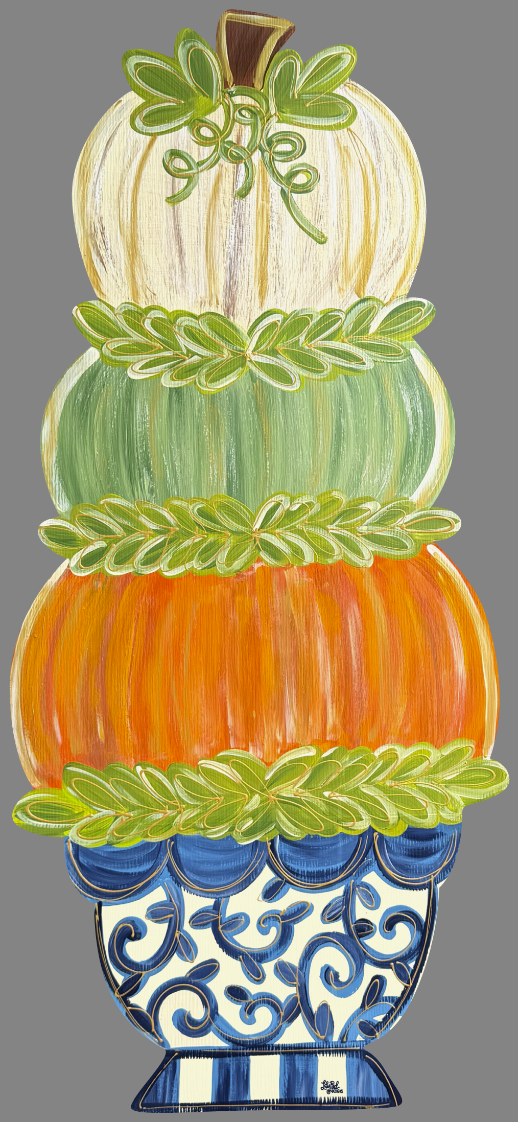 LILY PAD DESIGNS TAN, GREEN, ORANGE PUMPKIN STACKED BLUE WHITE  POT