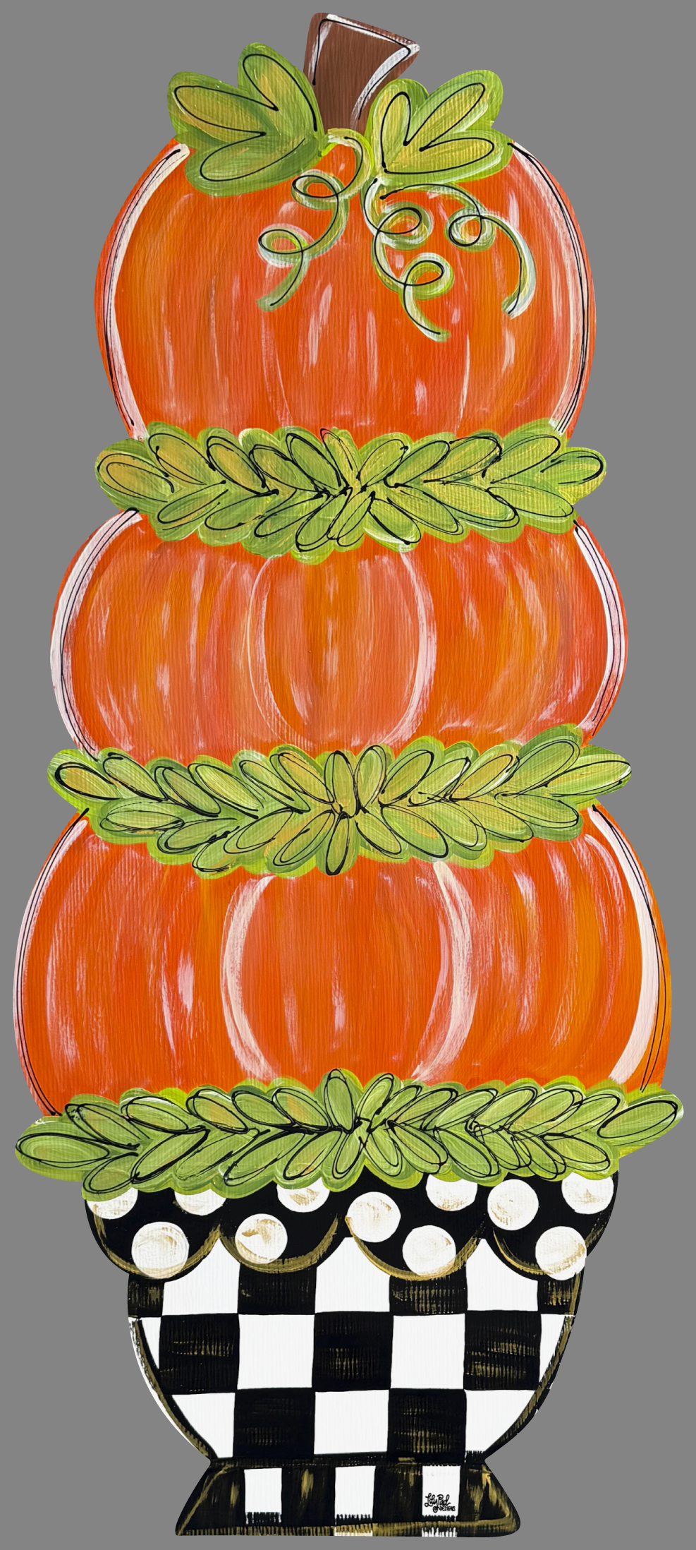 LILY PAD DESIGNS THREE ORANGE PUMPKINS STACKED BLACK AND WHITE POT