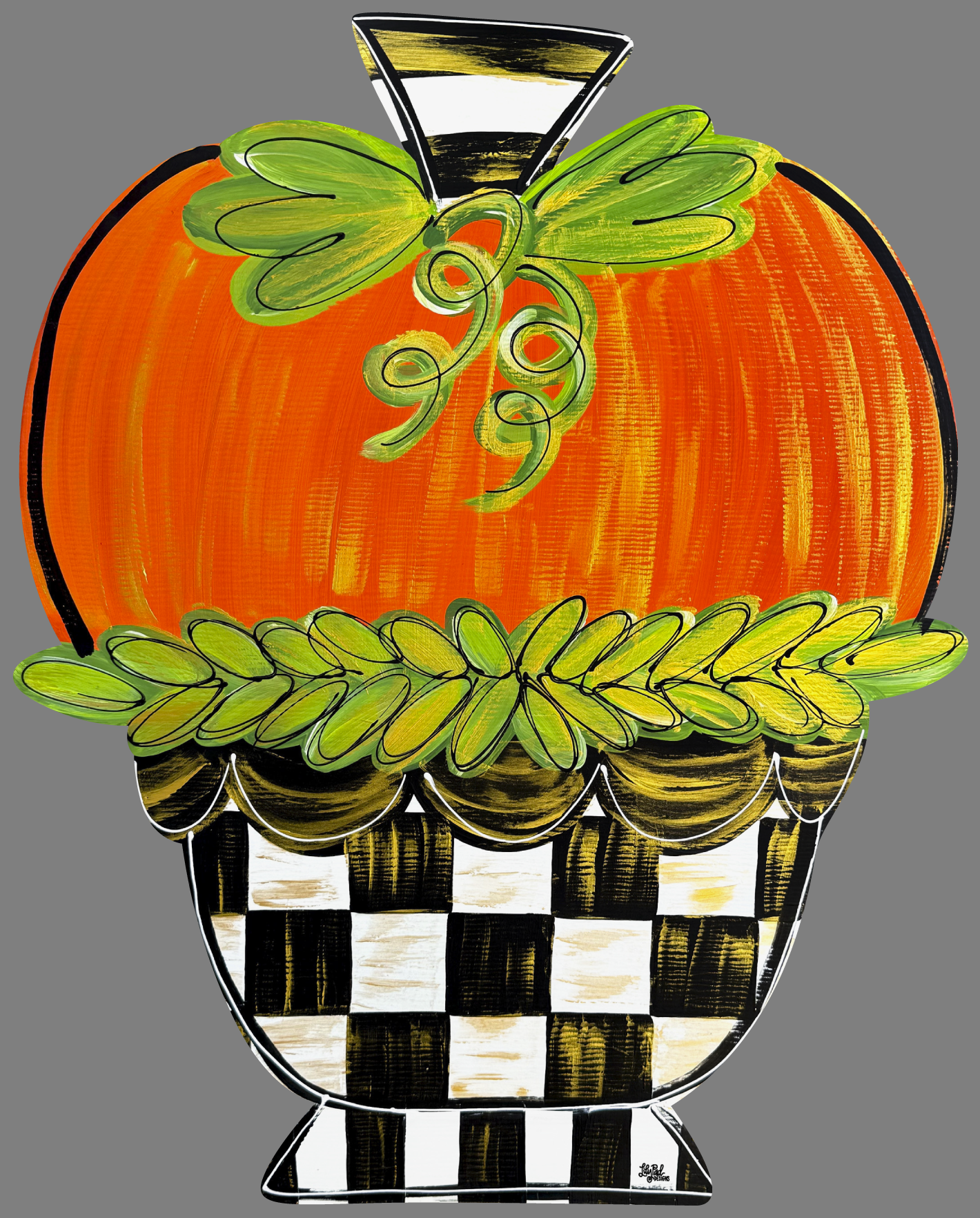 LILY PAD DESIGNS BLACK AND WHITE POT WITH ORANGE PUMPKIN IN IT