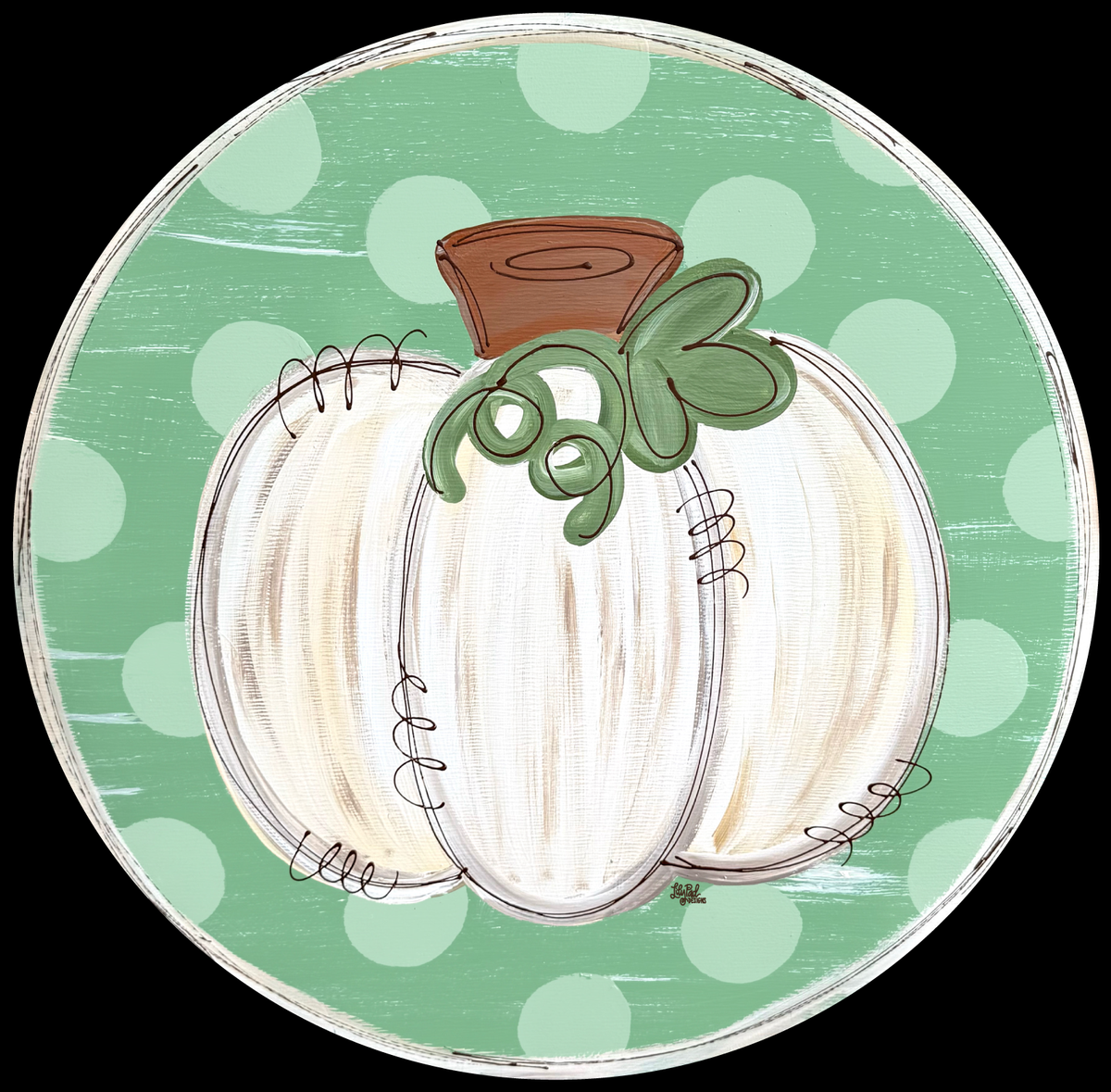 LILY PAD DESIGNS ROUND GREEN WITH WHITE PUMPKIN AND BROWN STEM