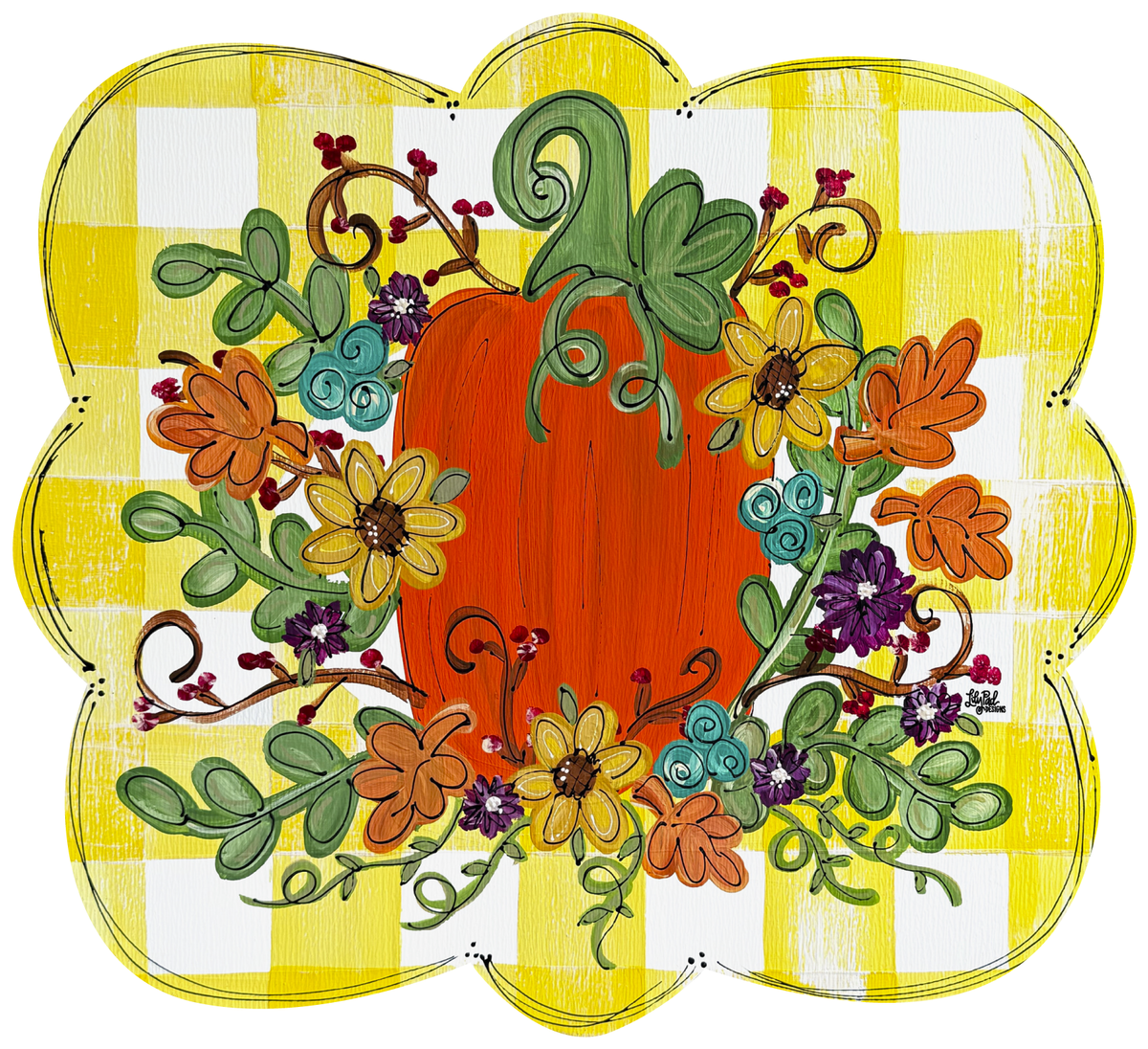 LILY PAD DESIGNS YELLOW AND WHITE WITH A ORANGE PUMPKIN IN THE CENTER WITH FLOWERS