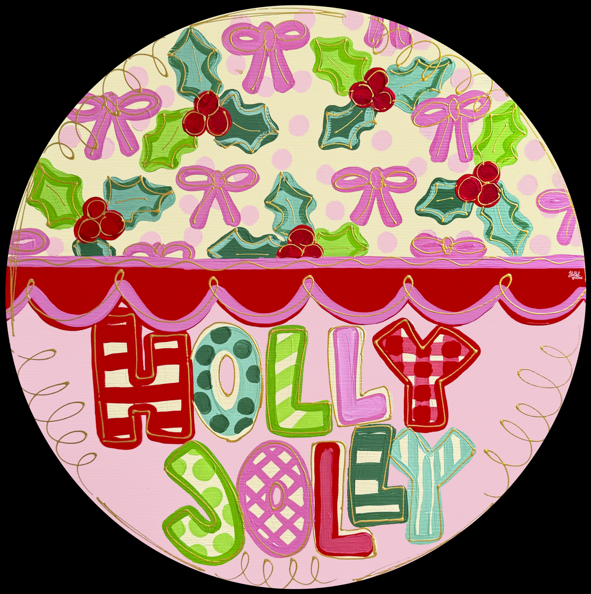 LILY PAD DESIGNS ROUND HOLLY JOLLY PINK WITH HOLLY LEAVES