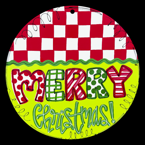 LILY PAD DESIGNS ROUND RED AND WHITE CHECKERED WITH GREEN RED MERRY CHRISTMAS