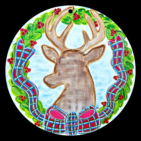 LILY PAD DESIGNS ROUND DEER IN THE MIDDLE WITH WREATH AROUND THE DEER BLUE AND RED RIBBON