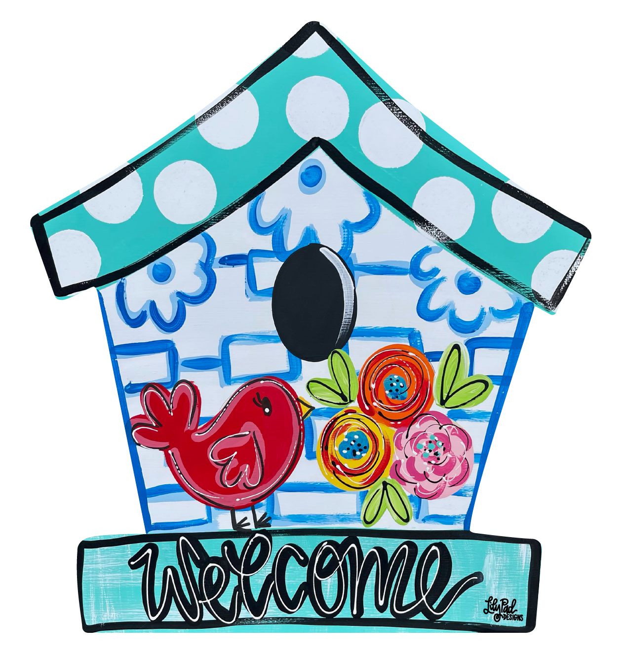 LILY PAD DESIGNS BLUE AND TEAL BIRDHOUSE WITH REDBIRD