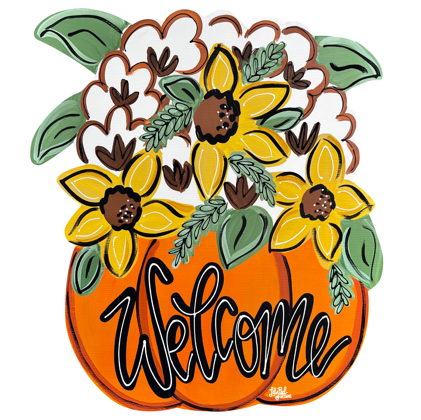 LILY PAD DESIGNS WELCOME PUMPKIN WITH FLOWERS