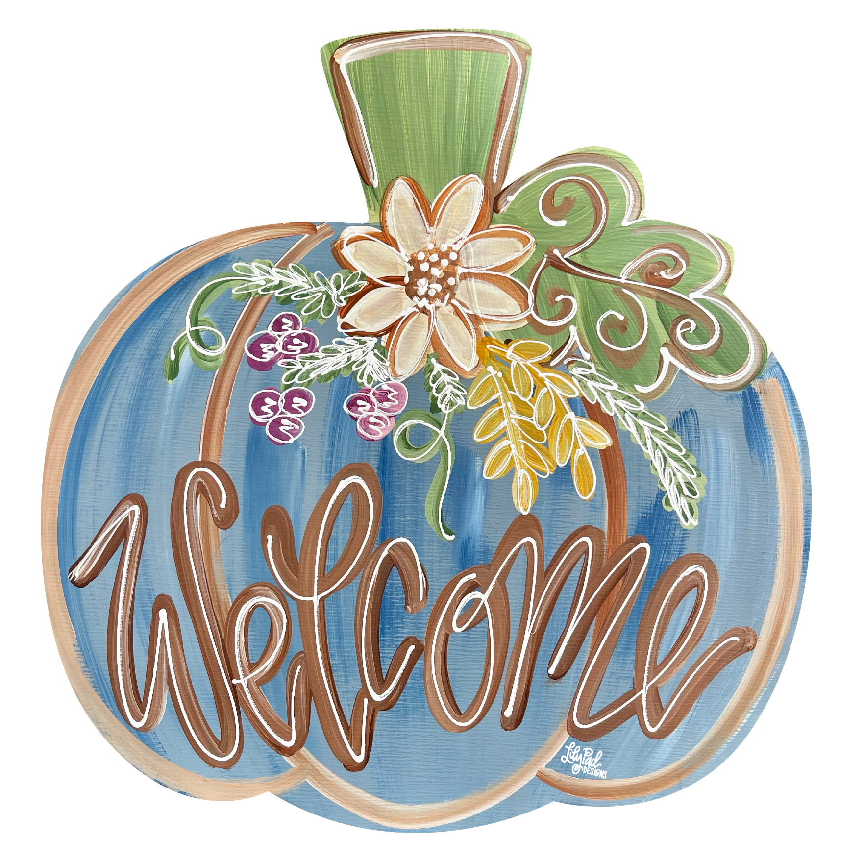 LILY PAD DESIGNS WELCOME BLUE PUMPKIN WITH FLOWERS