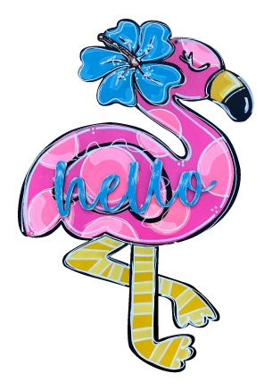 BRITZ CREATIONS PINK FLAMINGO WITH BLUE FLOWER AND HELLO