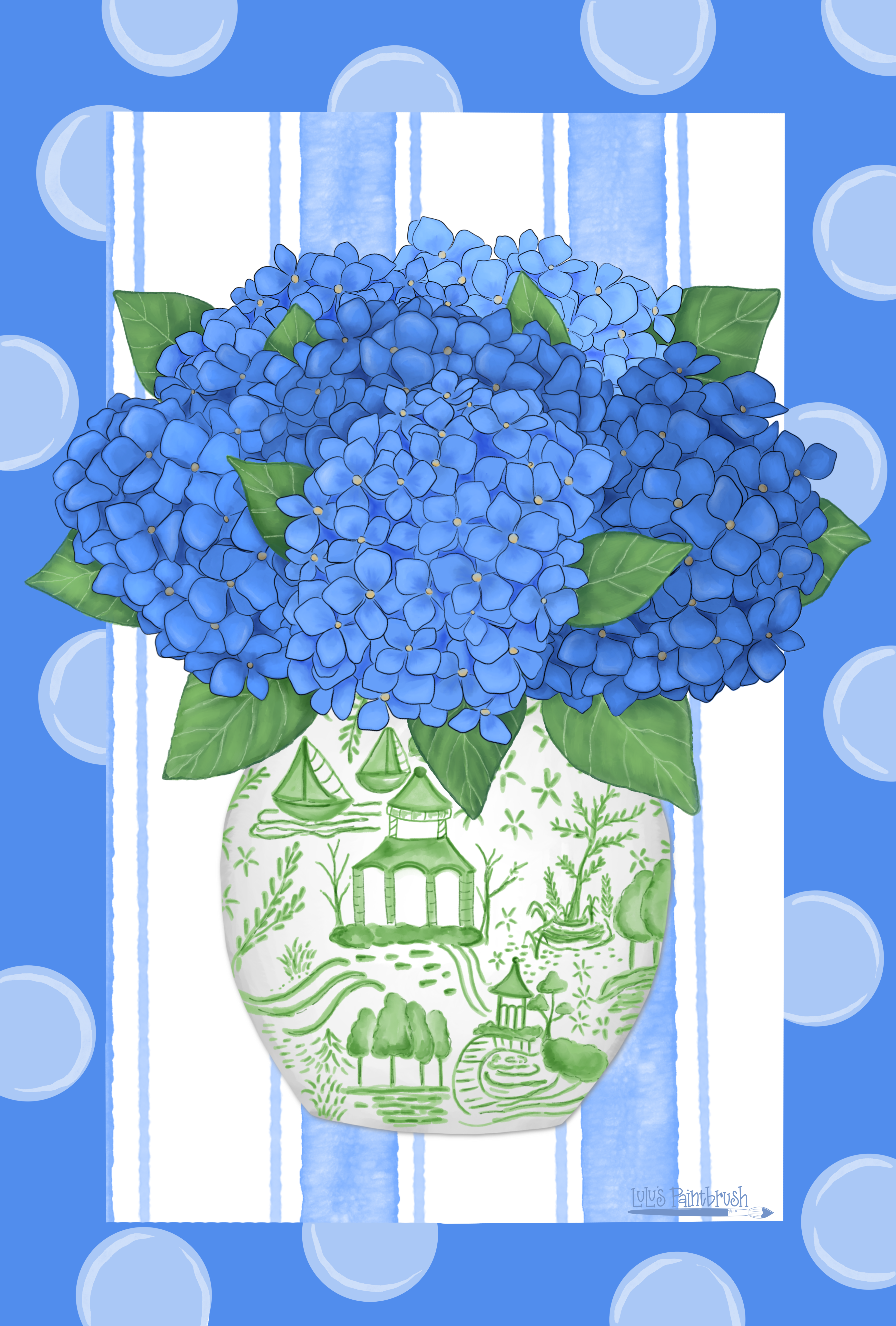 LULU'S PAINTBRUSH BLUE HYDRANGEA IN A GREEN WHITE VASE WITH BLUE BORDER WHITE DOTS