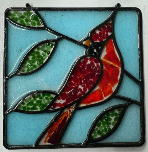 Faux Stained Glass Laser Cut MDF Cutout Rounded Square Cardinal Bird Silhouette With Leaves - Unfinished For DIY