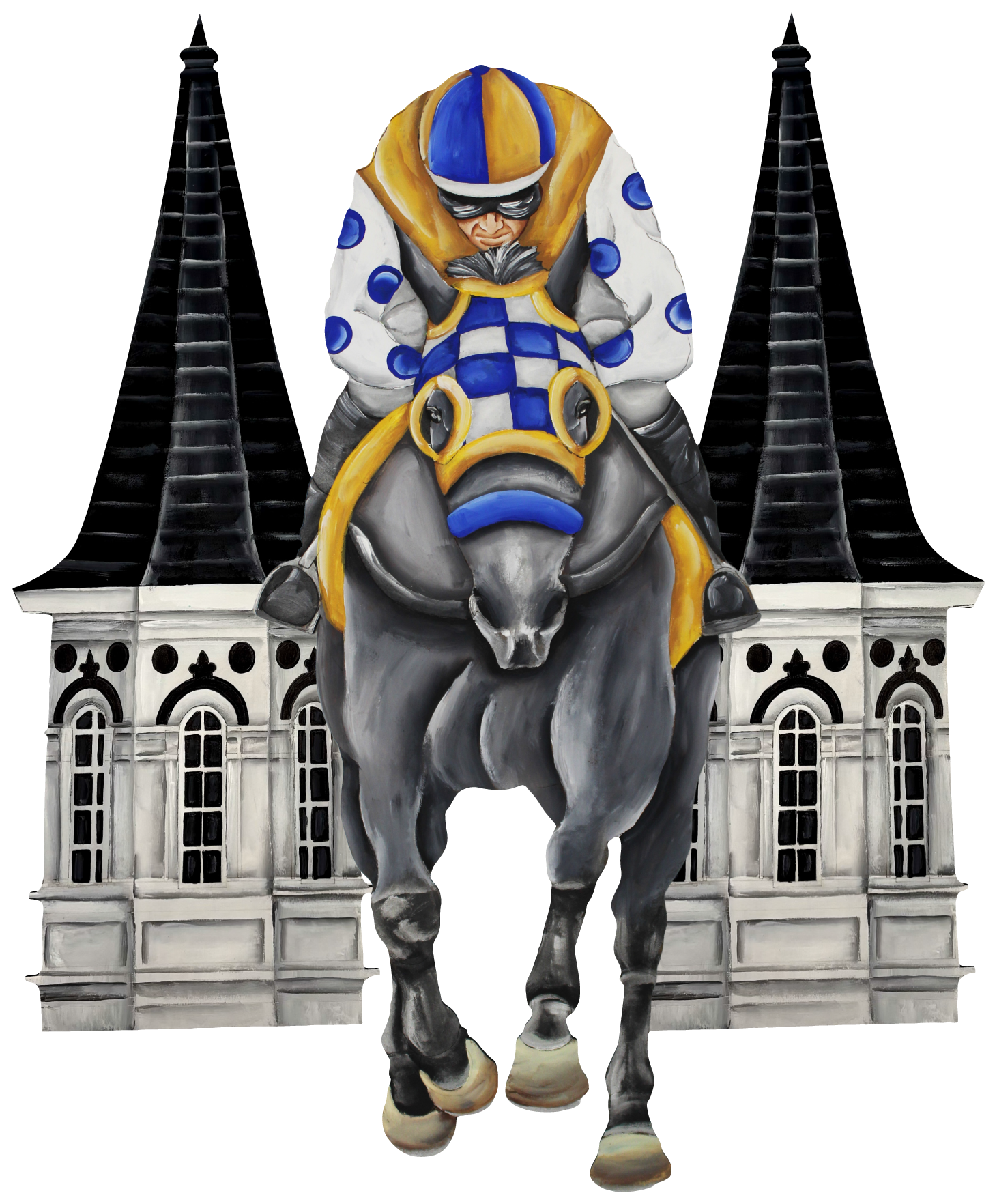 CHELLE BELLE'S CREATIONS BLUE AND GOLD JOCKY ON HORSE