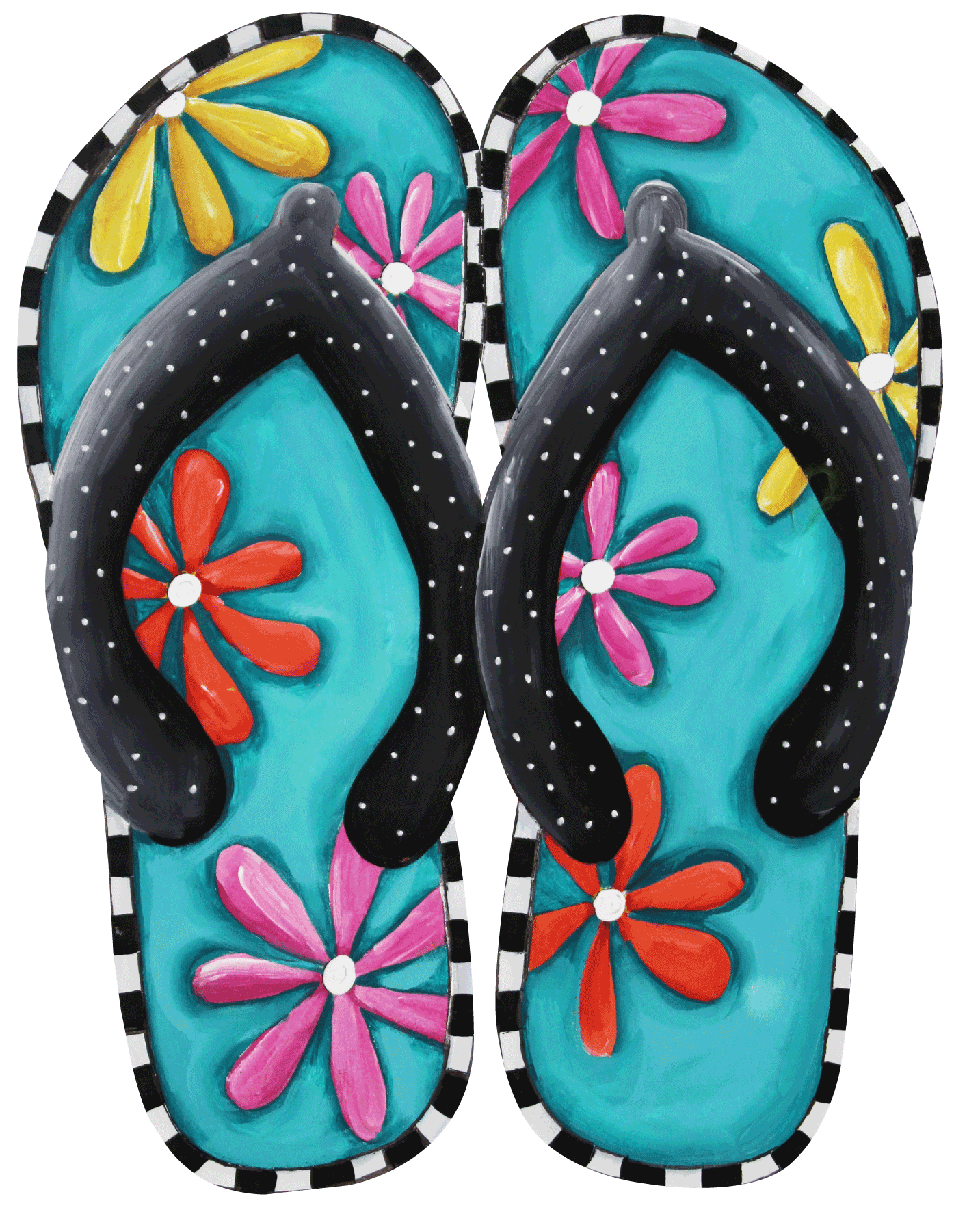 CHELLE BELLE'S CREATIONS TEAL FLIP FLOPS WITH RED YELLOW PURPLE FLOWERS