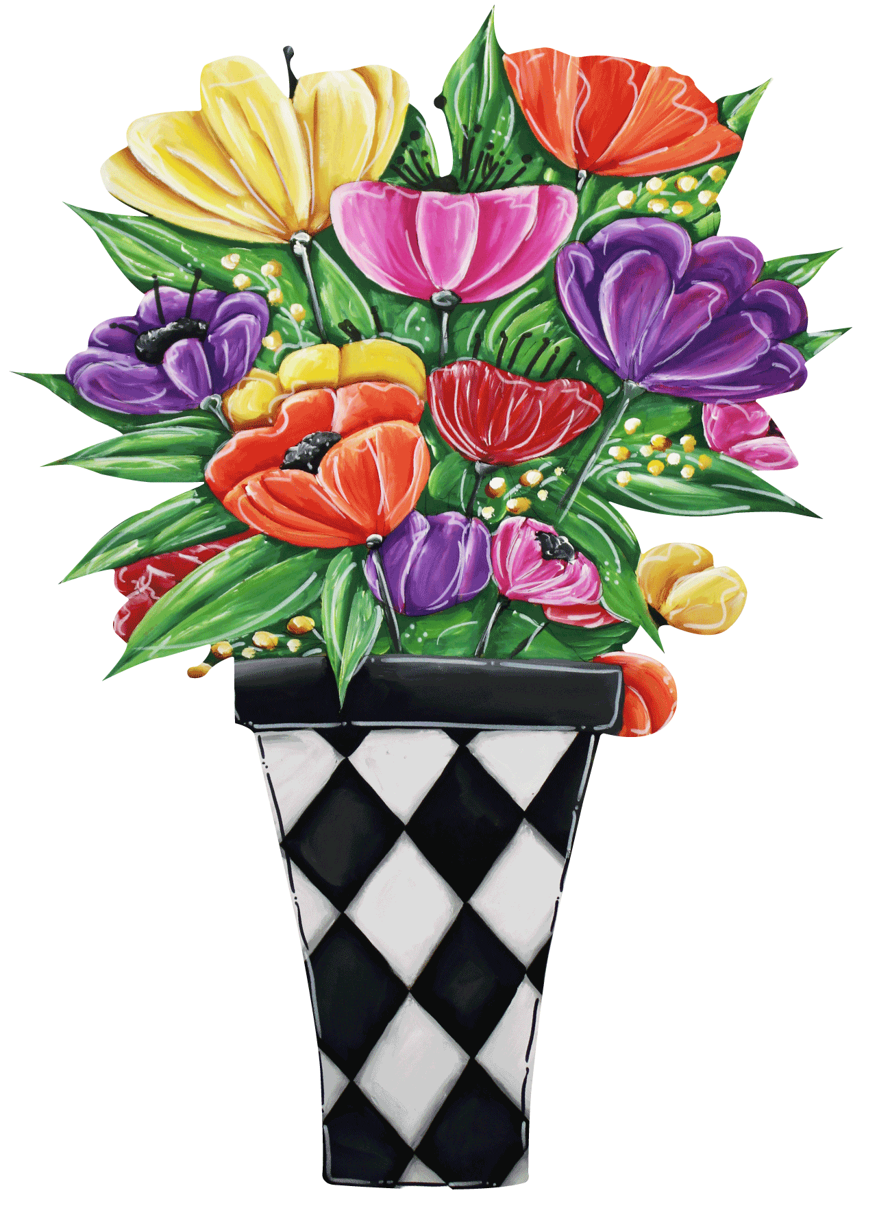 CHELLE BELLE'S CREATIONS BLACK AND WHITE VASE WITH COLORFULL FLOWERS