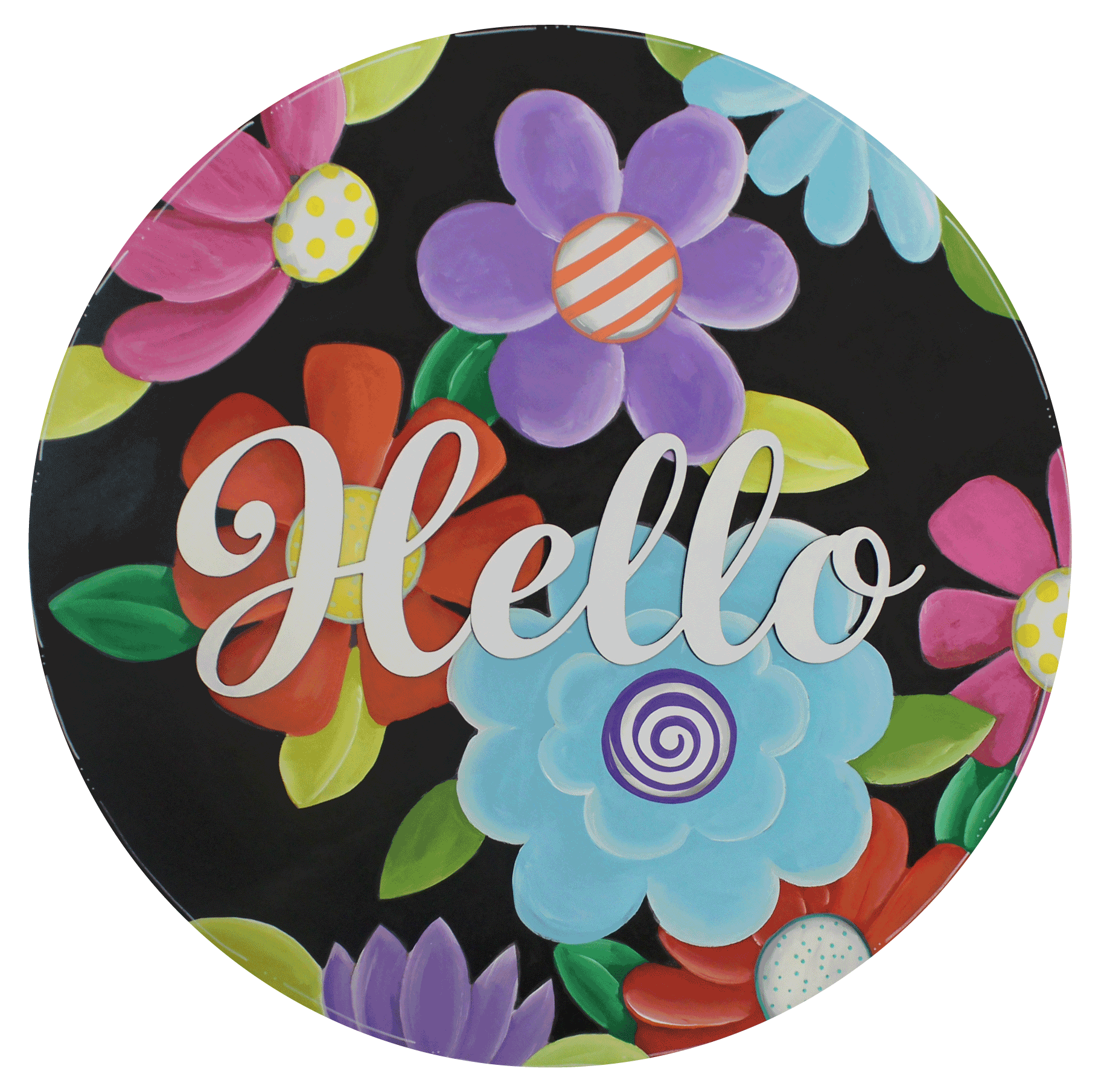 CHELLE BELLE'S CREATIONS BLACK ROUND COLORFULL FLORAL WITH HELLO