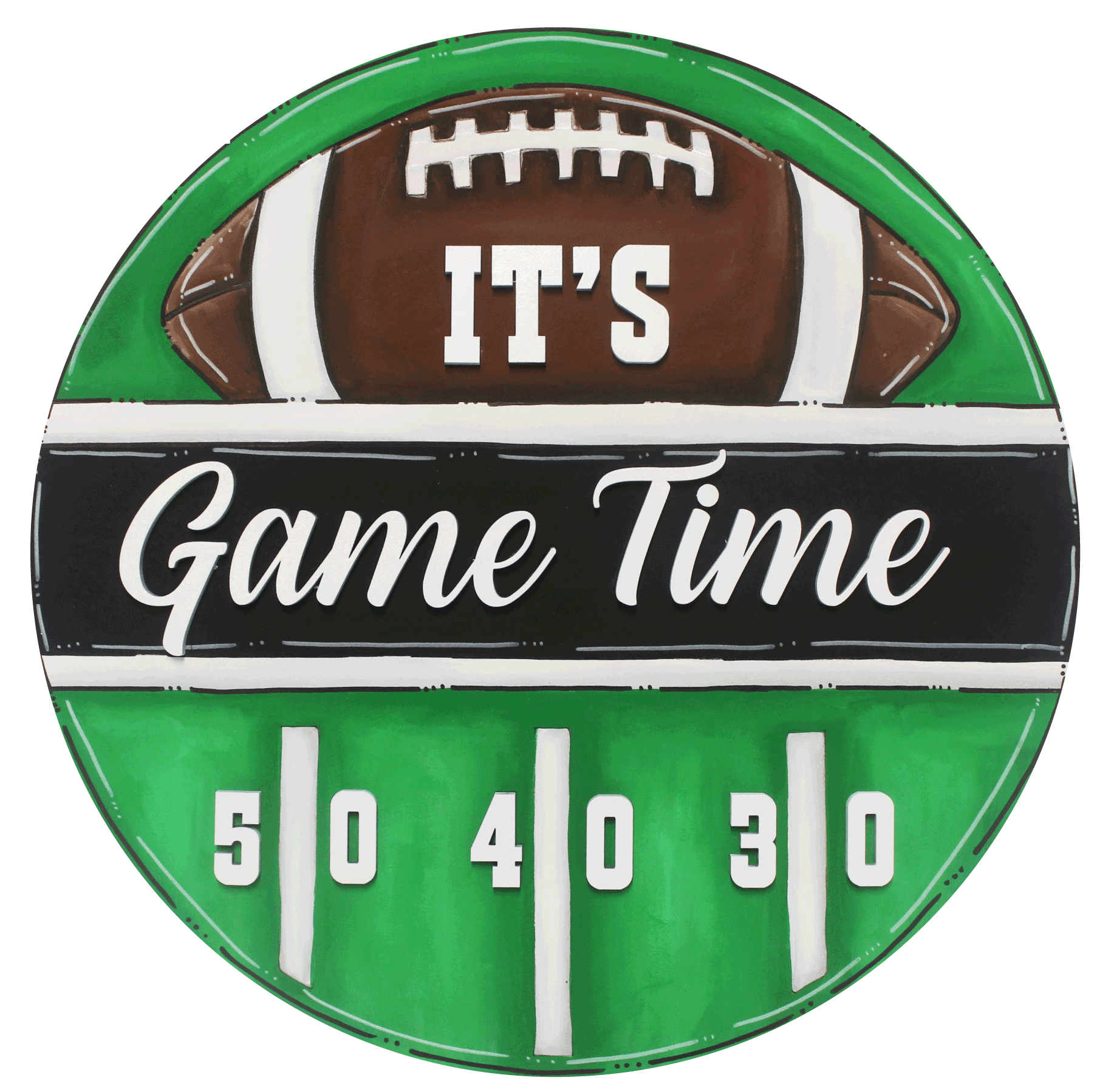 CHELLE BELLE'S CREATIONS ROUND GREEN WITH FOOTBALL IT'S GAME TIME