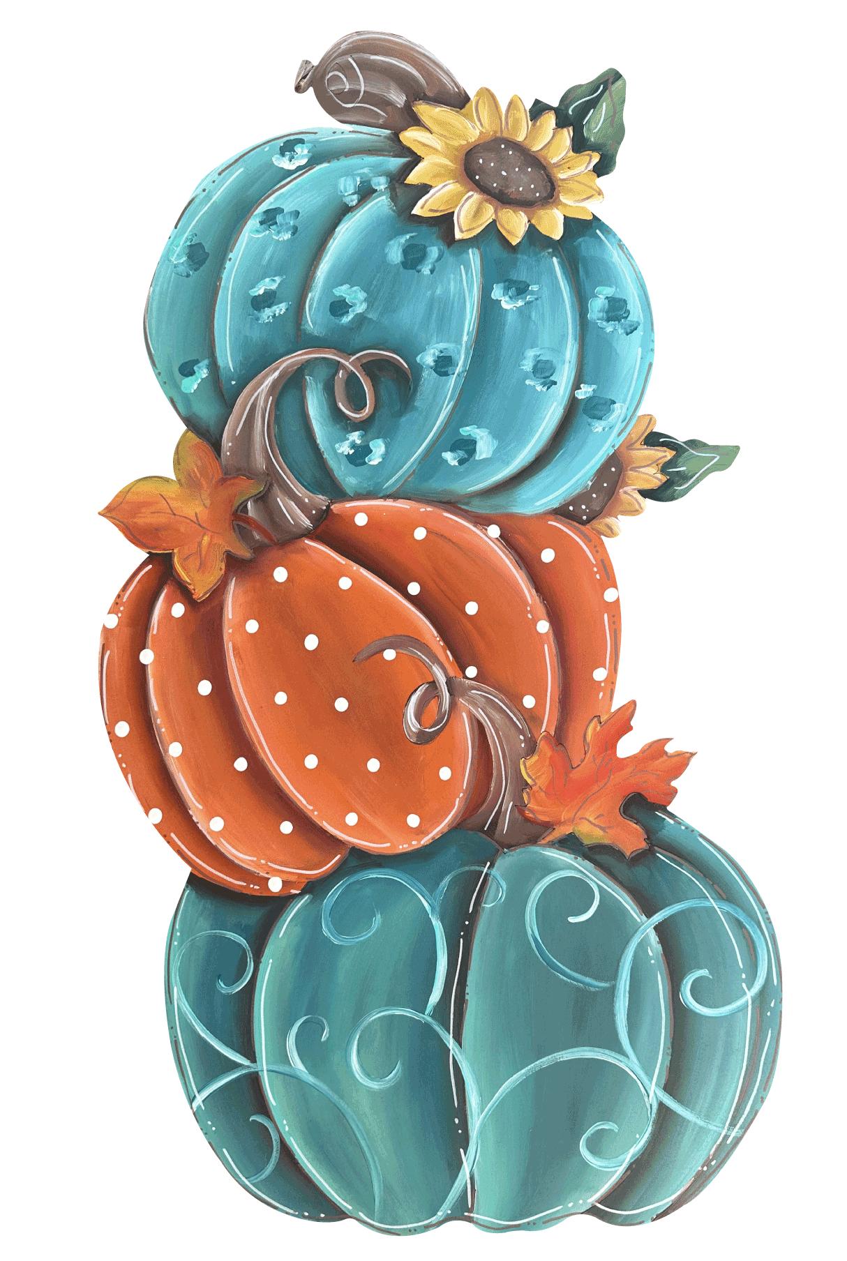 CHELLE BELLE'S CREATIONS THREE PUMPKINS ORANGE TEAL AND BLUE