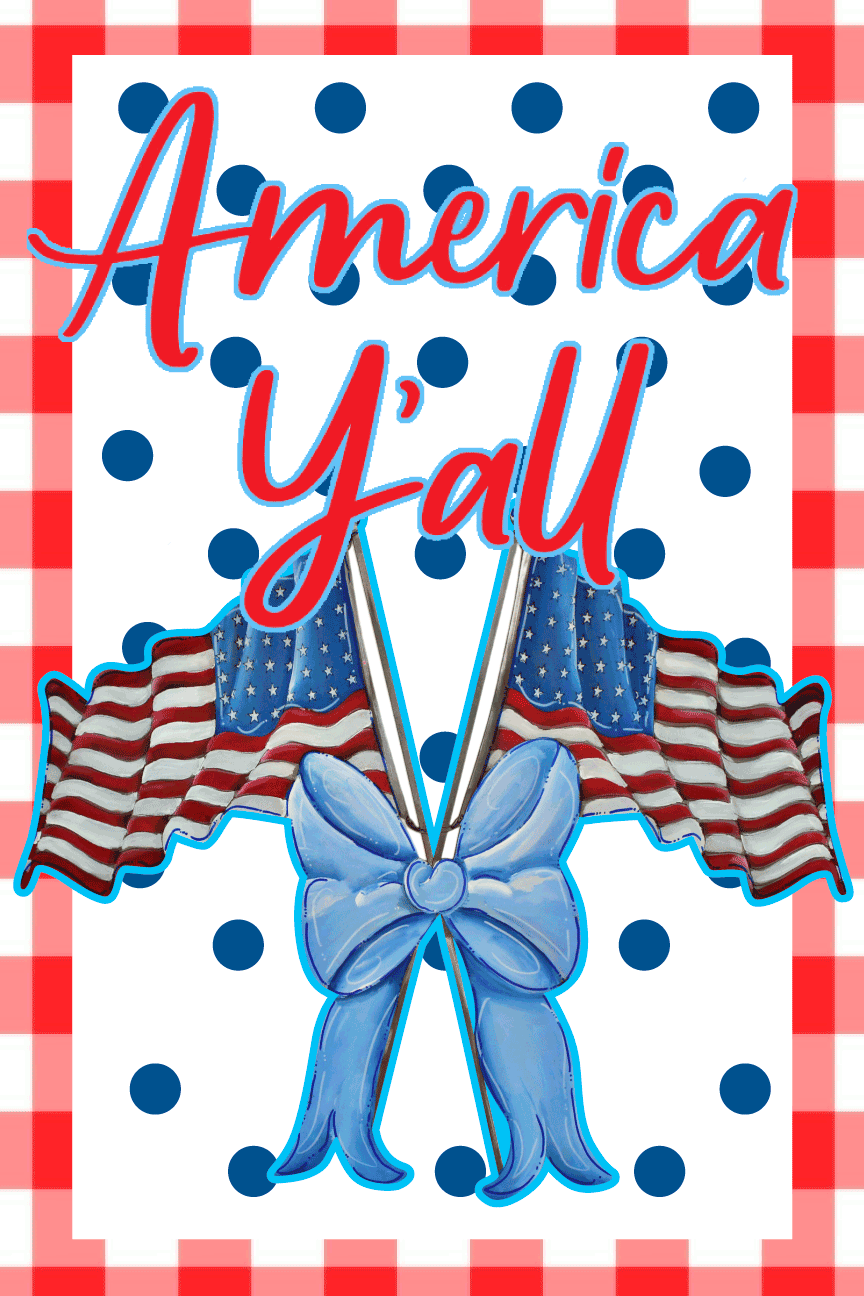 CHELLE BELLE'S CREATIONS RED WHITE AMERICA Y'ALL USA FLAG AND BLUE BOW