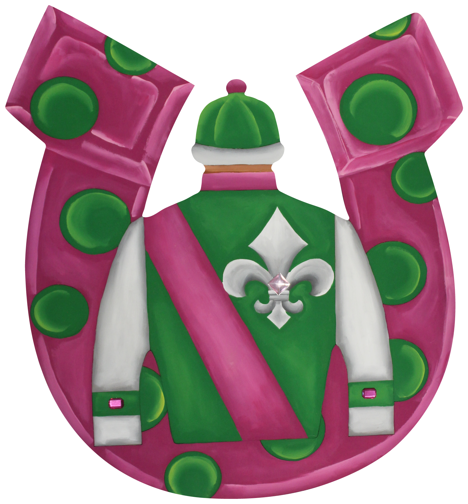 CHELLE BELLE'S CREATIONS PINK AND GREEN HORSESHOE WITH JOCKEY
